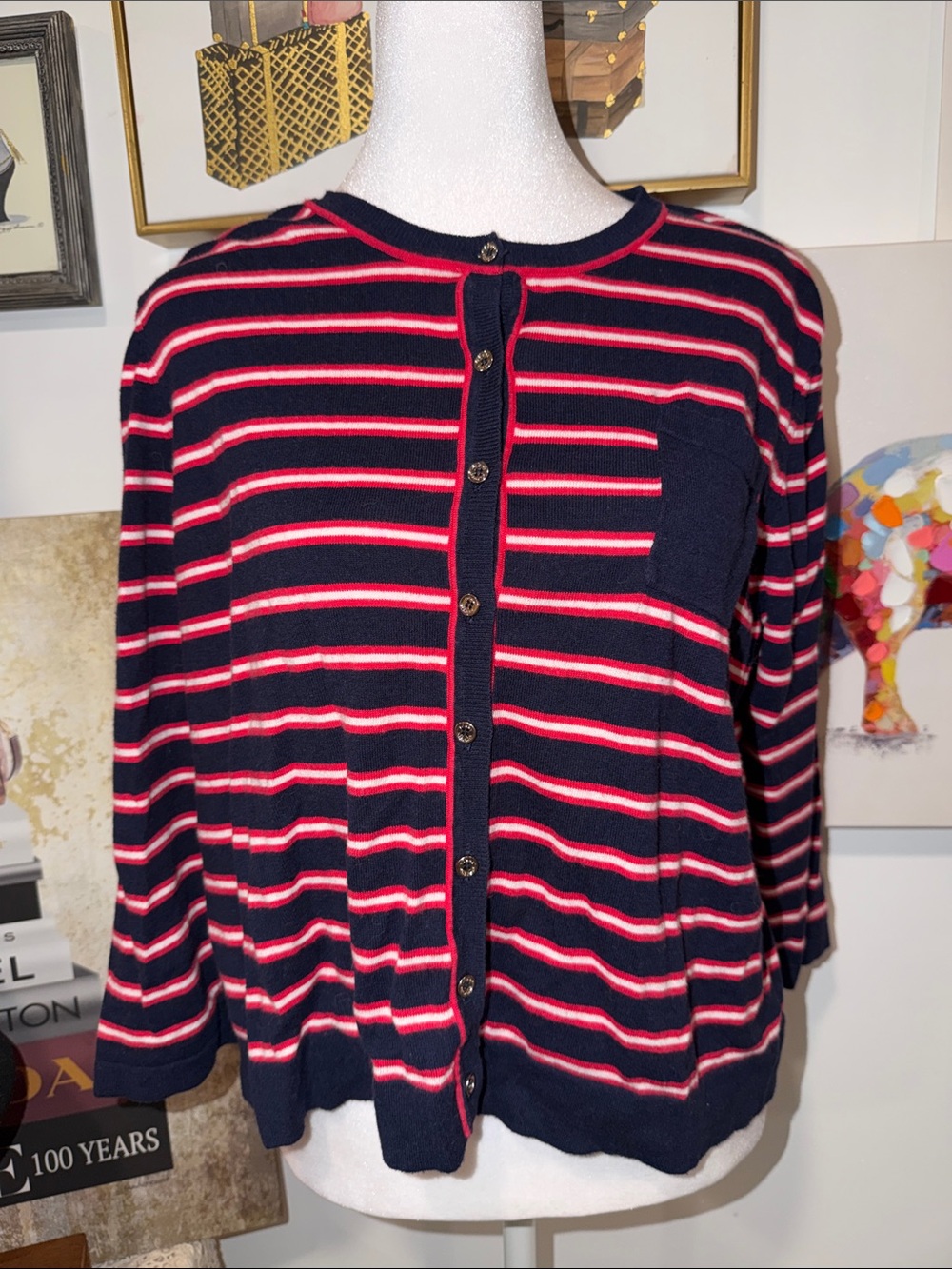 Tommy Hilfiger Navy, Pink and White Striped Button Cardigan
